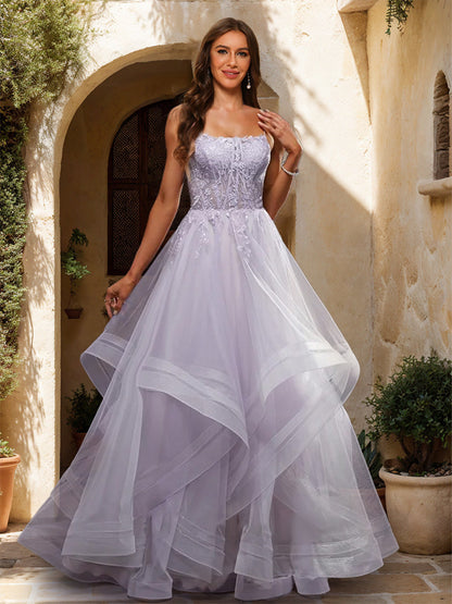Robe de Bal à Encolure Dégagée et Sans Manches avec Appliques