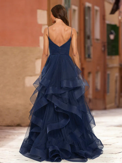 Robe de Bal à Col en V Sans Manches et à Volants