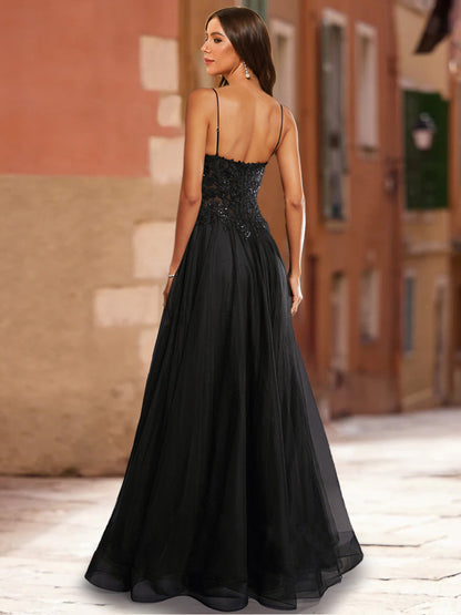 Robe de Bal Trapèze/Princesse à Paillettes, Col en V, Sans Manches