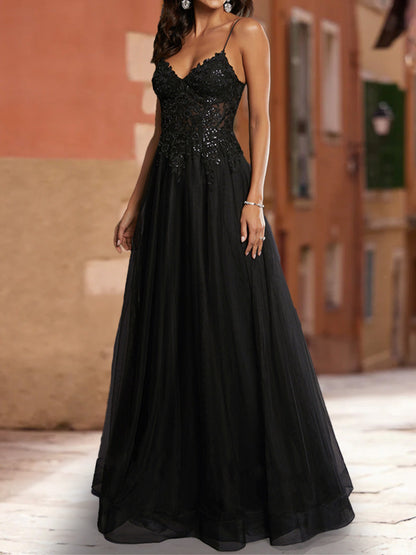 Robe de Bal Trapèze/Princesse à Paillettes, Col en V, Sans Manches