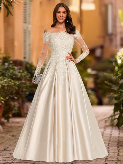 Robe de Bal Trapèze/Princesse à Épaules Dénudées et Manches Longues à Paillettes