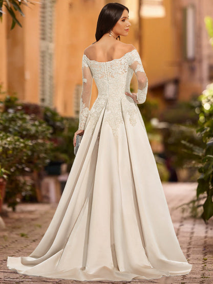 Robe de Bal Trapèze/Princesse à Épaules Dénudées et Manches Longues à Paillettes
