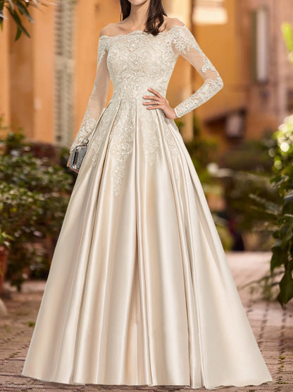 Robe de Bal Trapèze/Princesse à Épaules Dénudées et Manches Longues à Paillettes