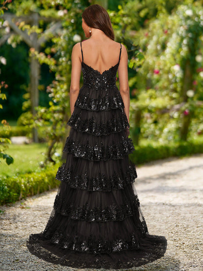 Robe de Bal Trapèze/Princesse à Paillettes, Col en V, Sans Manches