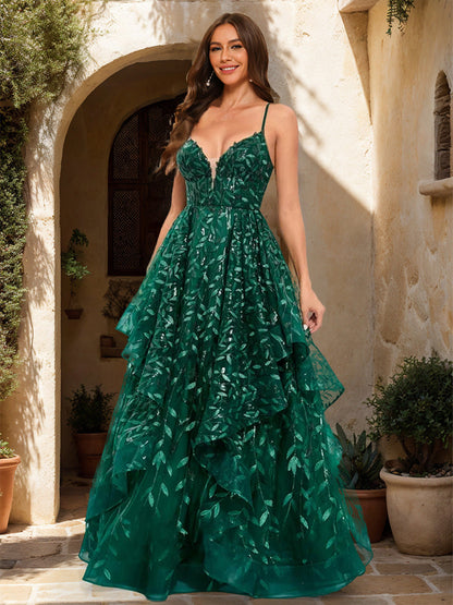 Robe de Bal Trapèze/Princesse à Paillettes, Col en V, Sans Manches