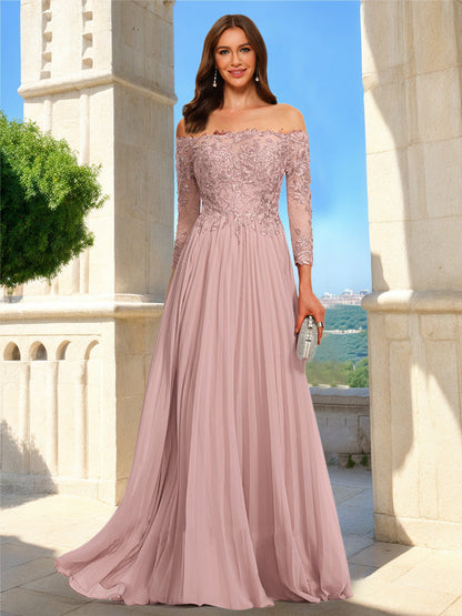 Robe de Bal Trapèze/Princesse en Dentelle, Épaules Dénudées, Manches 3/4