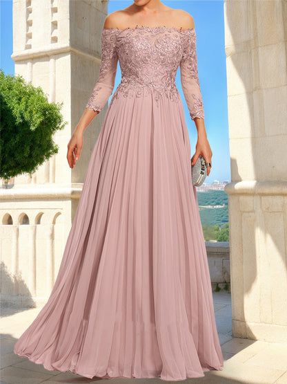 Robe de Bal Trapèze/Princesse en Dentelle, Épaules Dénudées, Manches 3/4
