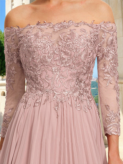 Robe de Bal Trapèze/Princesse en Dentelle, Épaules Dénudées, Manches 3/4
