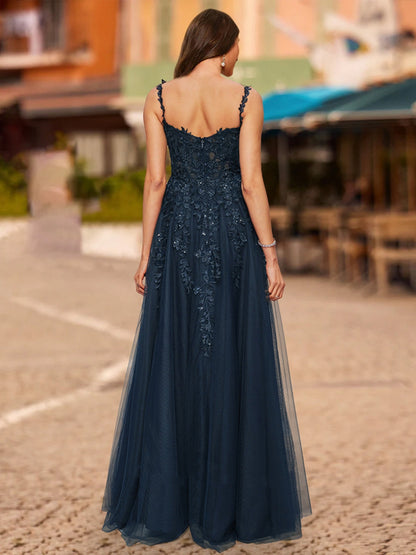Robe de Bal Trapèze/Princesse en Dentelle Sans Manches à Col en V