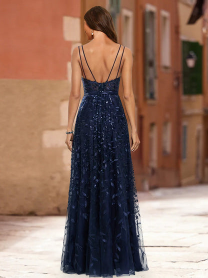 Robe de Bal Trapèze/Princesse à Paillettes, Col en V, Sans Manches