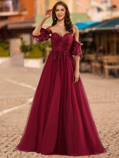Robe de Bal à Paillettes et Manches Mi-Longues en Cœur