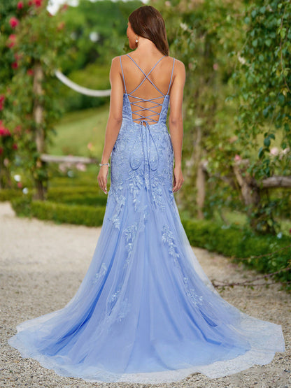 Robe de Bal Sirène/Trompette à Col en V et Sans Manches à Paillettes