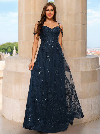 Robe de Bal Trapèze/Princesse à Épaules Dénudées et Manches Courtes avec Appliques