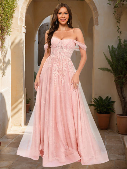 Robe de Bal à Épaules Dénudées et Manches Courtes avec Appliques