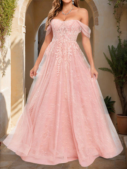 Robe de Bal à Épaules Dénudées et Manches Courtes avec Appliques