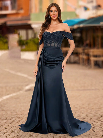 Robe de Bal Sirène/Trompette à Épaules Dénudées et Manches Courtes à Paillettes