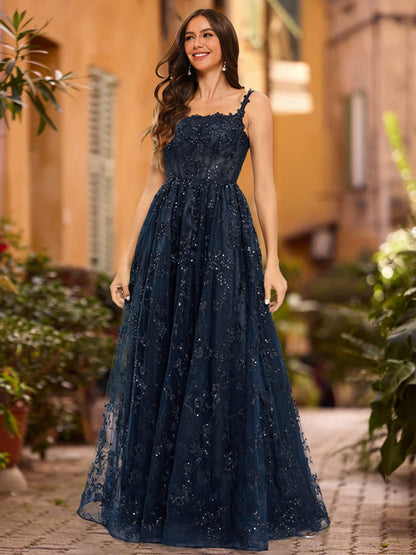 Robe de Bal Trapèze/Princesse à Encolure Dégagée Sans Manches et Paillettes