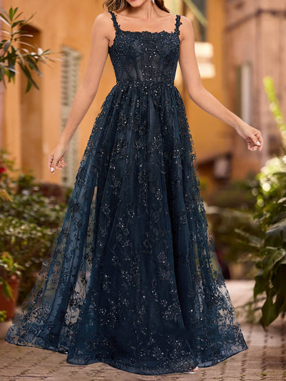 Robe de Bal Trapèze/Princesse à Encolure Dégagée Sans Manches et Paillettes