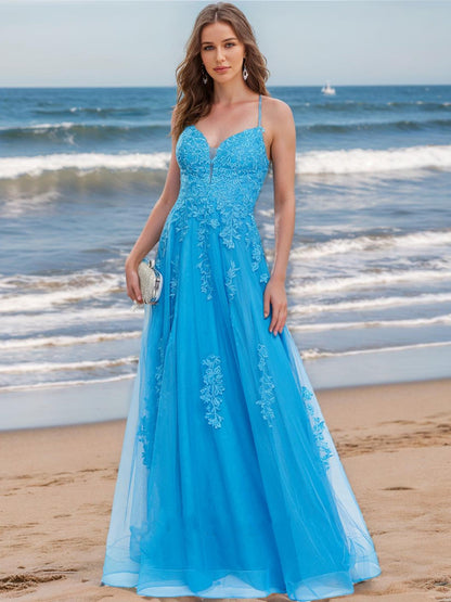 Robe de Bal Trapèze/Princesse à Col en V Sans Manches avec Appliques