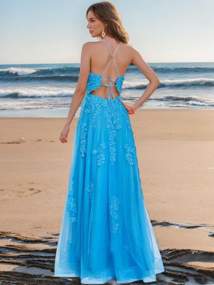 Robe de Bal Trapèze/Princesse à Col en V Sans Manches avec Appliques