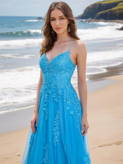 Robe de Bal Trapèze/Princesse à Col en V Sans Manches avec Appliques