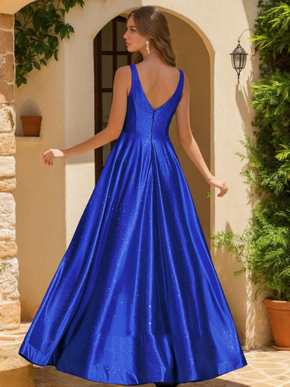 Robe de Bal Trapèze/Princesse Sans Manches, Col en V et Fente Latérale