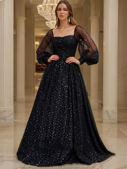 Robe de Bal à Manches Longues et Décolleté en Cœur avec Plis
