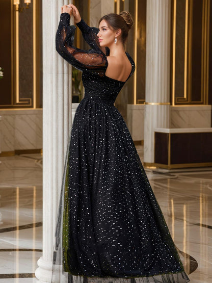 Robe de Bal à Manches Longues et Décolleté en Cœur avec Plis