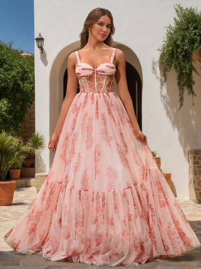 Robe de Bal à Volants et Décolleté en Cœur, Sans Manches