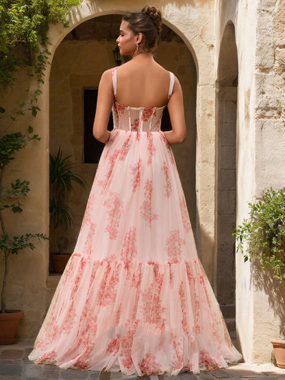 Robe de Bal à Volants et Décolleté en Cœur, Sans Manches
