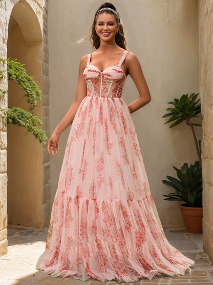 Robe de Bal à Volants et Décolleté en Cœur, Sans Manches