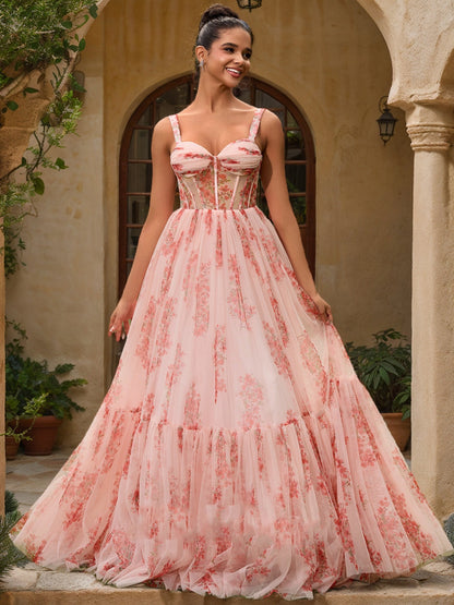 Robe de Bal à Volants et Décolleté en Cœur, Sans Manches