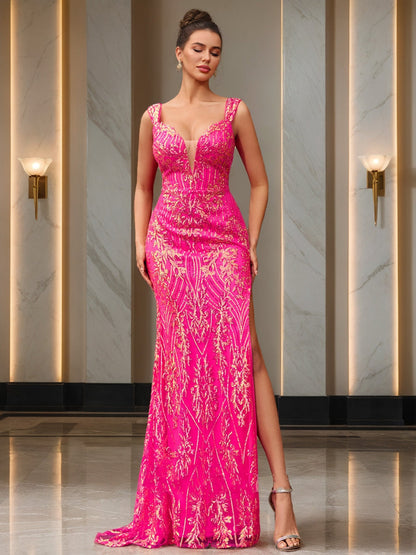 Robe de Bal Sirène/Trompette à Col en V et Sans Manches à Paillettes