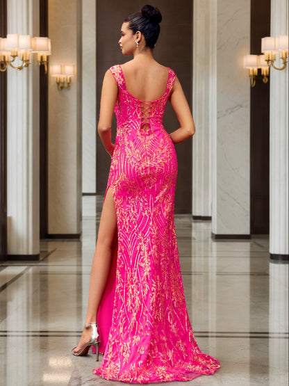 Robe de Bal Sirène/Trompette à Col en V et Sans Manches à Paillettes