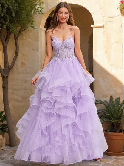 Robe de Bal à Col en V Sans Manches et à Volants