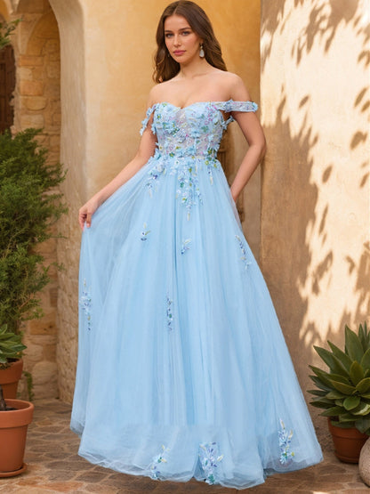 Robe de Bal Décolleté Épaules Dénudées Manches Courtes Appliques Robes de Bal