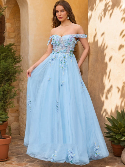 Robe de Bal Décolleté Épaules Dénudées Manches Courtes Appliques Robes de Bal