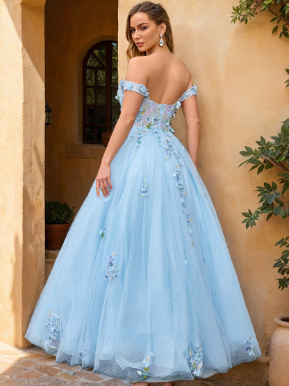 Robe de Bal Décolleté Épaules Dénudées Manches Courtes Appliques Robes de Bal
