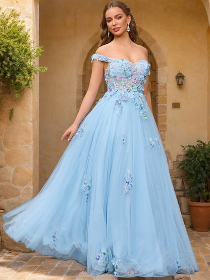 Robe de Bal Décolleté Épaules Dénudées Manches Courtes Appliques Robes de Bal