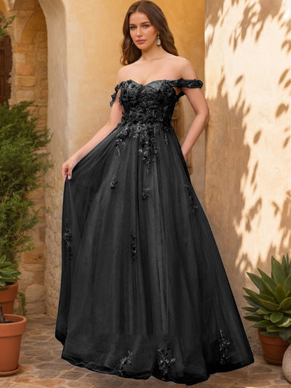 Robe de Bal Décolleté Épaules Dénudées Manches Courtes Appliques Robes de Bal