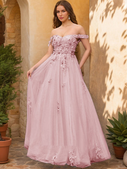 Robe de Bal Décolleté Épaules Dénudées Manches Courtes Appliques Robes de Bal