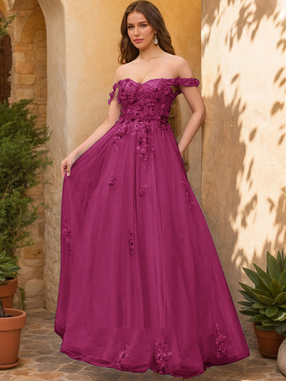 Robe de Bal Décolleté Épaules Dénudées Manches Courtes Appliques Robes de Bal
