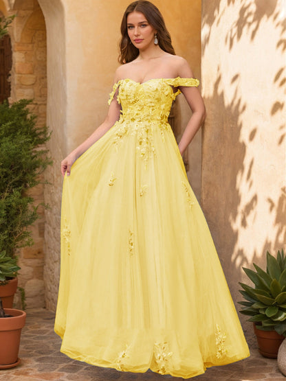 Robe de Bal Décolleté Épaules Dénudées Manches Courtes Appliques Robes de Bal