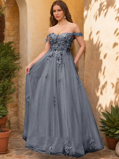 Robe de Bal Décolleté Épaules Dénudées Manches Courtes Appliques Robes de Bal