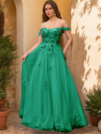 Robe de Bal Décolleté Épaules Dénudées Manches Courtes Appliques Robes de Bal