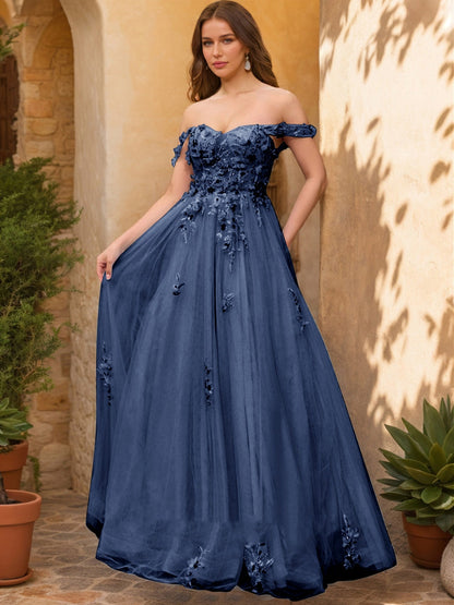Robe de Bal Décolleté Épaules Dénudées Manches Courtes Appliques Robes de Bal