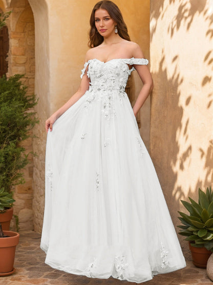 Robe de Bal Décolleté Épaules Dénudées Manches Courtes Appliques Robes de Bal