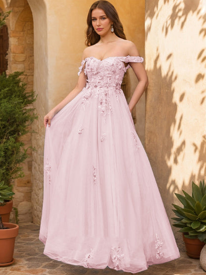 Robe de Bal Décolleté Épaules Dénudées Manches Courtes Appliques Robes de Bal