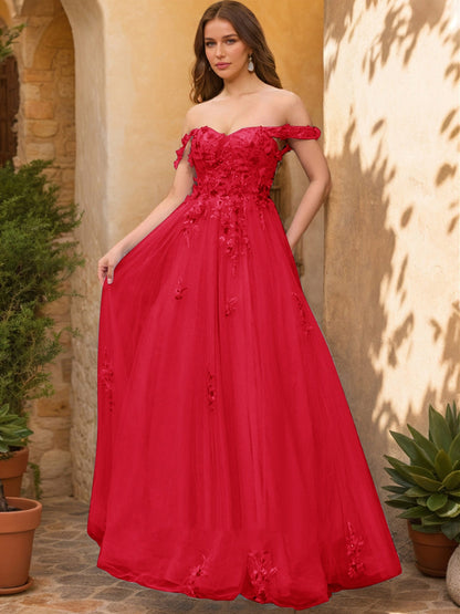 Robe de Bal Décolleté Épaules Dénudées Manches Courtes Appliques Robes de Bal