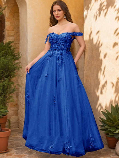 Robe de Bal Décolleté Épaules Dénudées Manches Courtes Appliques Robes de Bal